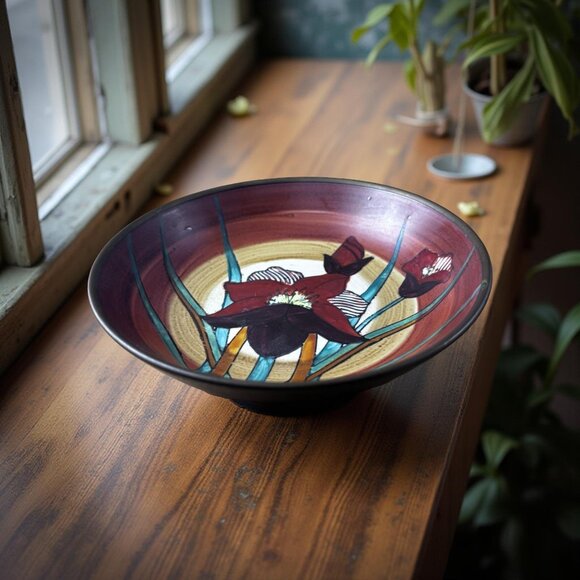 Vintage Capri Italy Porcelain Wall Bowl with Brass Back, Hand-Painted Iris, 6” D - Picture 1 of 10